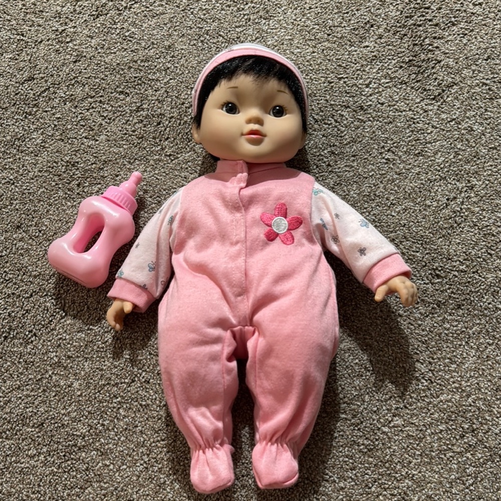Pink Asian Baby Doll with Bottle - Soft Plush Outfit